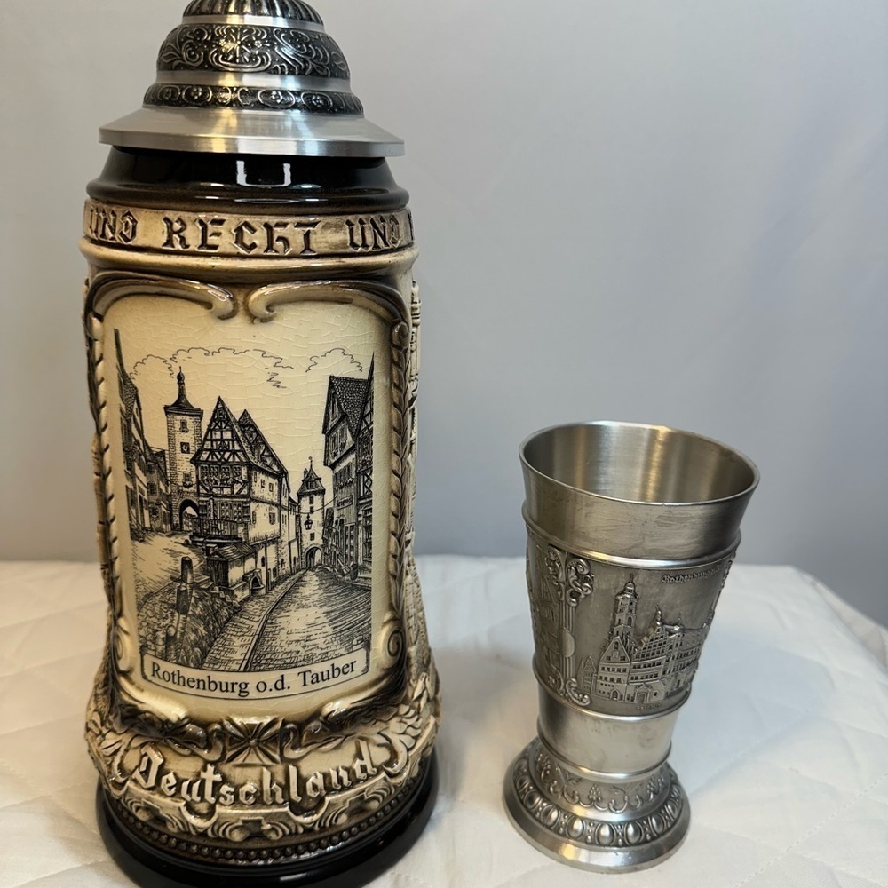 Rothenburg German Beer Stein Rustic Natural With Silver Tone Pewter Cup Vintage - Picture 3 of 15